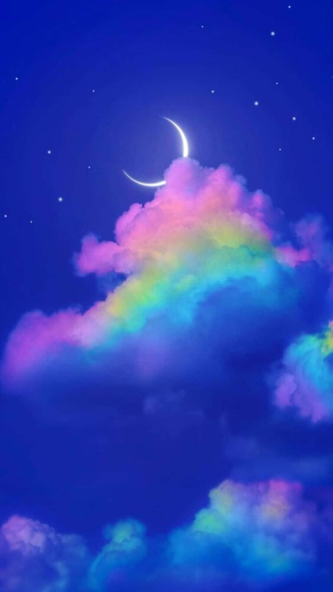 Trippy Sky 桌布 壁紙 — 一彎新月在繁星點點的午夜天空中，於一道鮮豔的彩虹雲上方發光。
