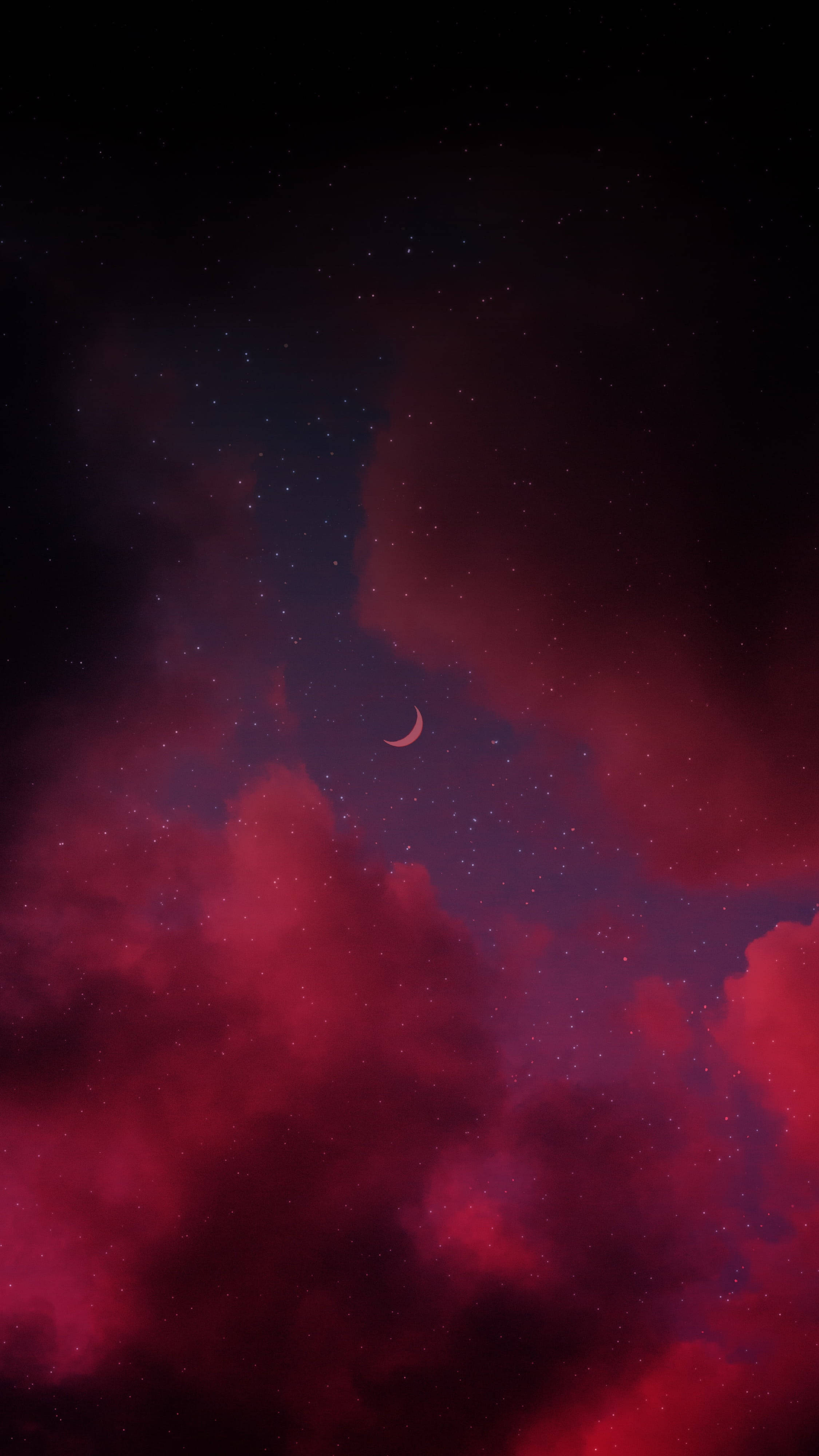 夜空 桌布 壁紙 — 一彎新月在繁星點點的夜空下，於旋轉的深紅色雲層上方柔和地發光。