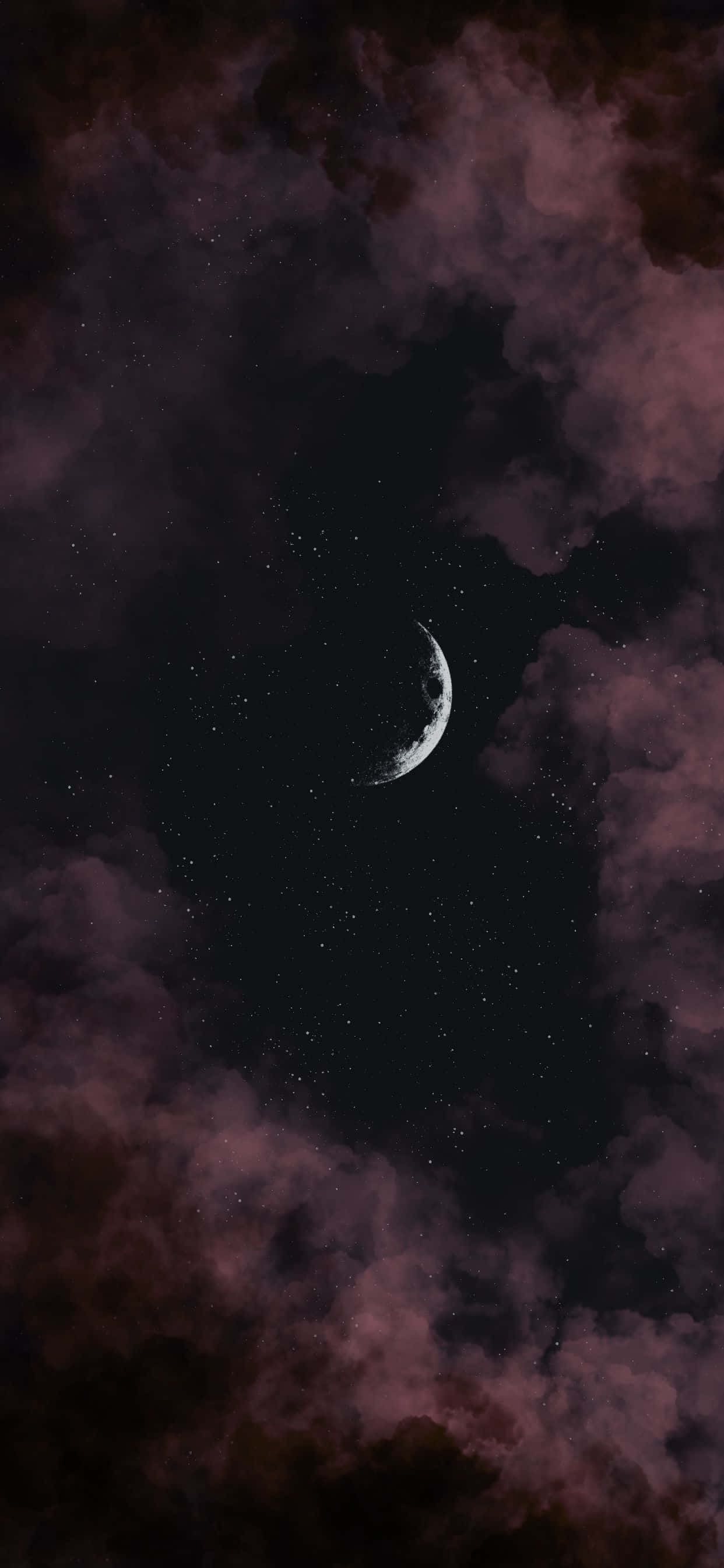 月光 桌布 壁紙 — 一彎新月在繁星點點的夜空下，於深紫色漩渦雲層中柔和地發光。