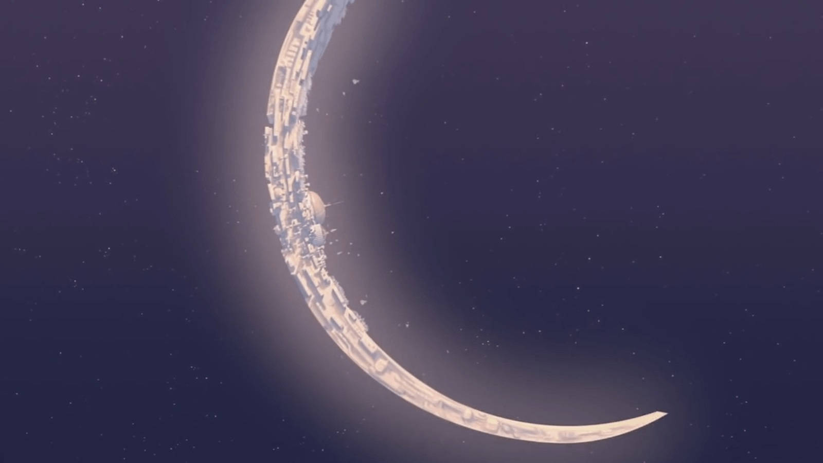 Treasure Planet 桌布 壁紙 — 一彎新月在繁星點點的夜空下柔和地發光，彎曲的邊緣周圍散發著光暈。