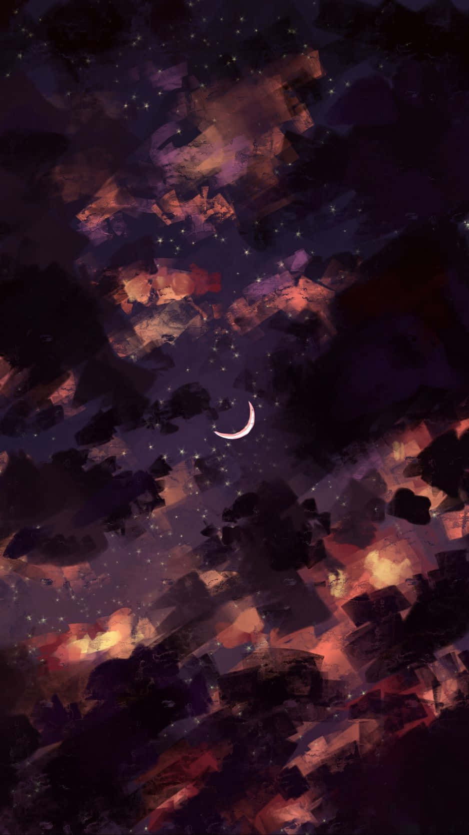 Moon And Stars iPhone 桌布 壁紙 — 一彎新月在繪有紫色、橙色和黑色漩渦雲層的星空夜空上柔和地發光。
