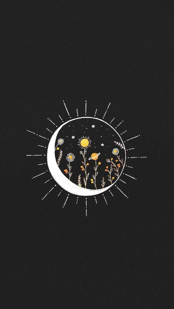 Sun And Moon Aesthetic 桌布 壁紙 — 一彎新月懷抱著一個微型宇宙，其中有太陽、花朵、星星和一顆行星，背景為深色。