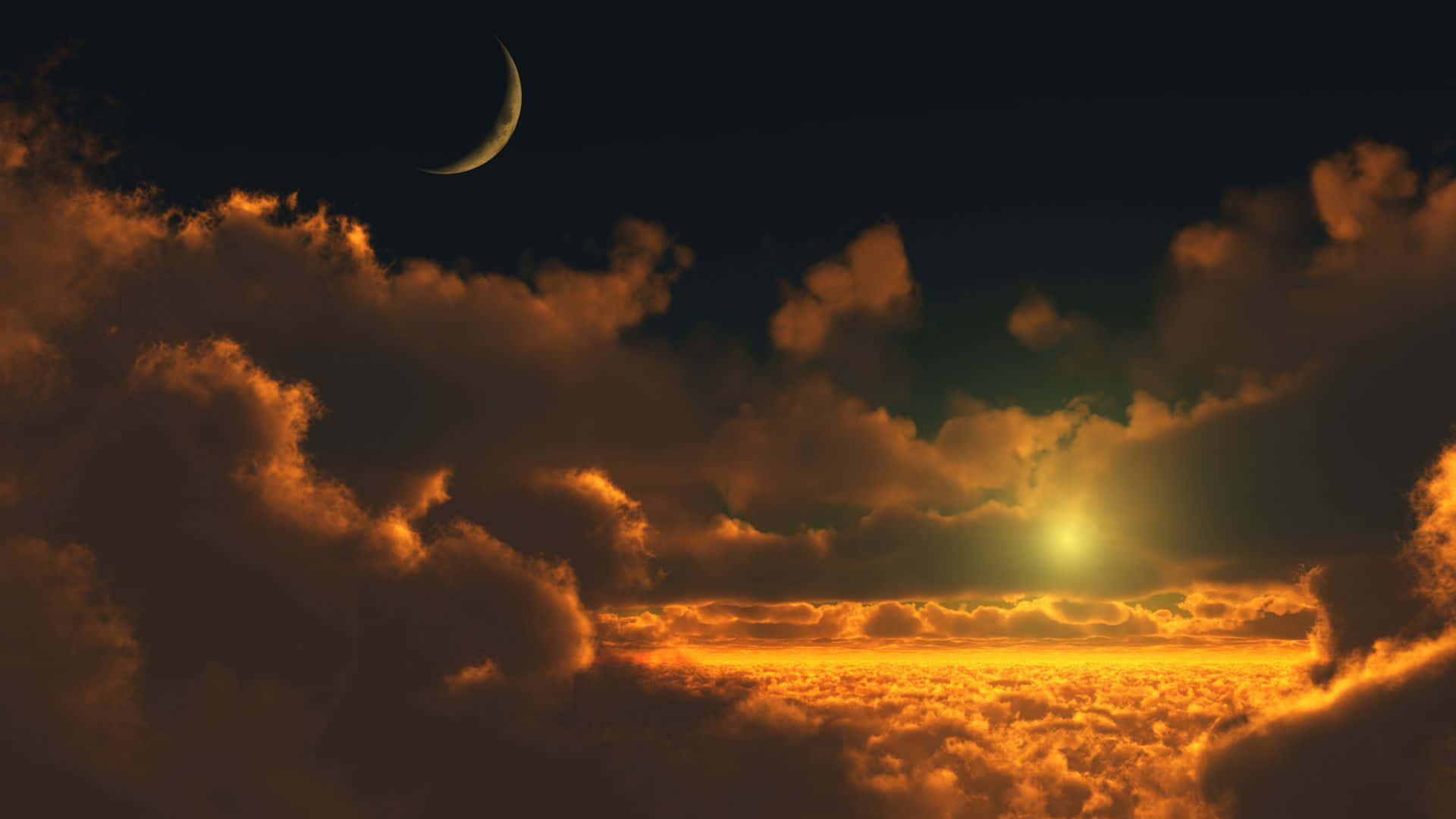 太陽與月亮 桌布 壁紙 — 一彎新月懸掛在雲海之上，雲海因下方隱藏的太陽而發出火熱的橙色光芒。