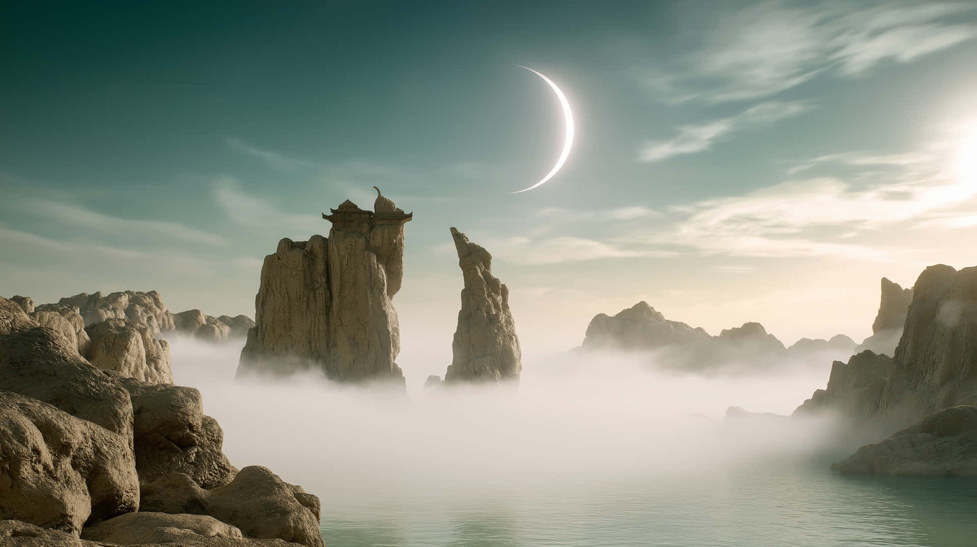 Ethereal Crescent Moon Over Misty Lake and Rock Formations 壁紙 — 一彎新月懸掛在霧氣瀰漫的水面上，高聳的岩石從霧中升起。