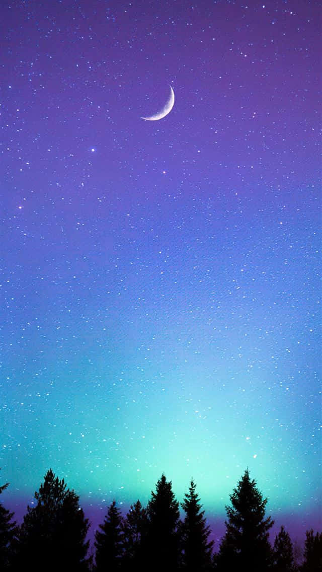 Moon iPhone 桌布 壁紙 — 一彎新月掛在繁星點點的夜空上，極光在松樹的剪影上方閃耀。