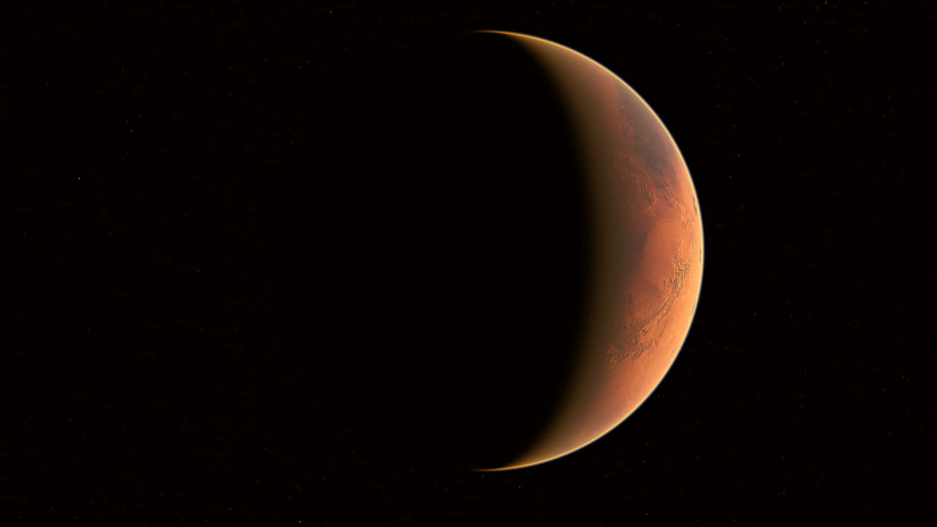  壁紙 — 一彎火星在星空中溫暖地發光，一半表面處於陰影中。