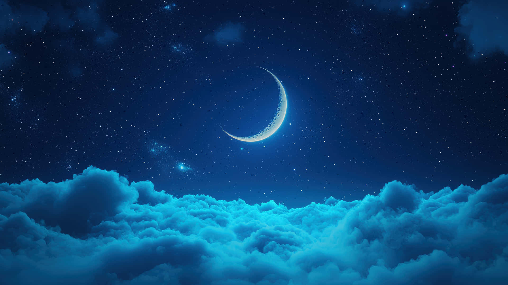Crescent moon glowing in a starry night sky above soft illuminated clouds 壁紙 — 一彎發光的弦月弧越過一片蓬鬆的藍綠色雲海，在滿天星斗的午夜天空下。
