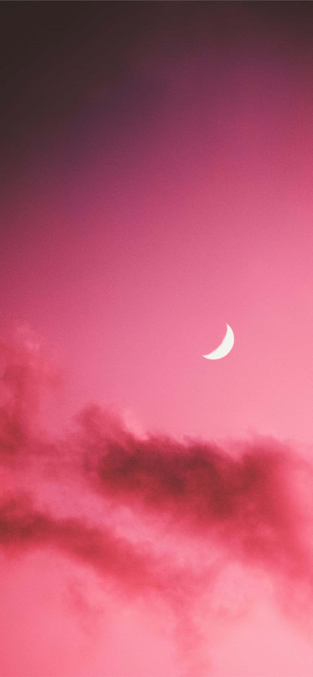 Pink Moon 桌布 壁紙 — 一彎精緻的月牙在夢幻般的粉紅色天空中柔和地發光，天空佈滿了暮色雲彩。