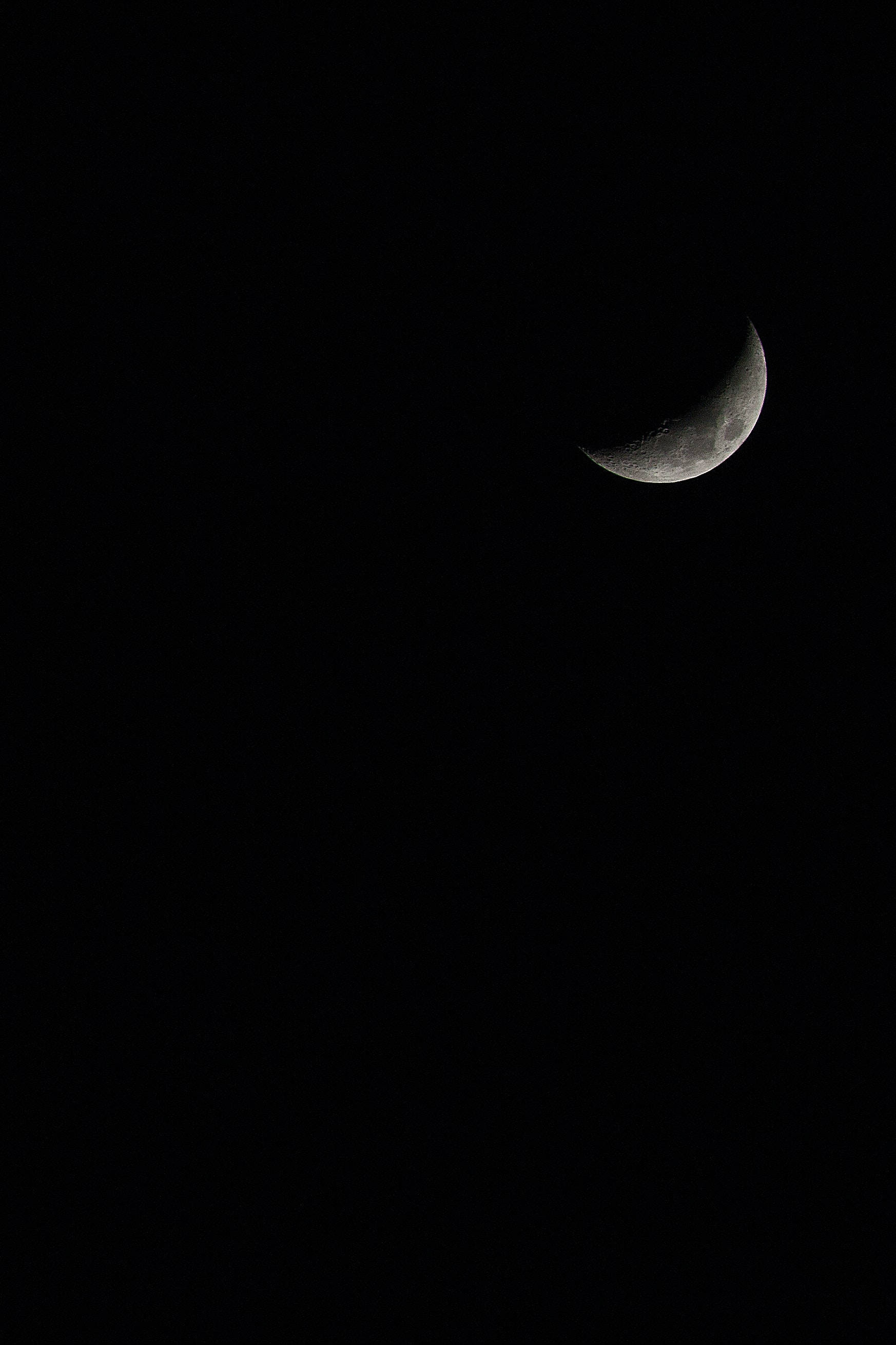 Crescent 桌布 壁紙 — 一彎精緻的月牙在漆黑的夜空中柔和地發光，隕石坑隱約可見。