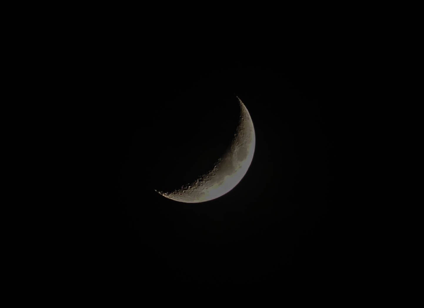 月光 桌布 壁紙 — 一彎纖細的月牙在漆黑的夜空中柔和地發光，顯露出隕石坑和崎嶇的地形。