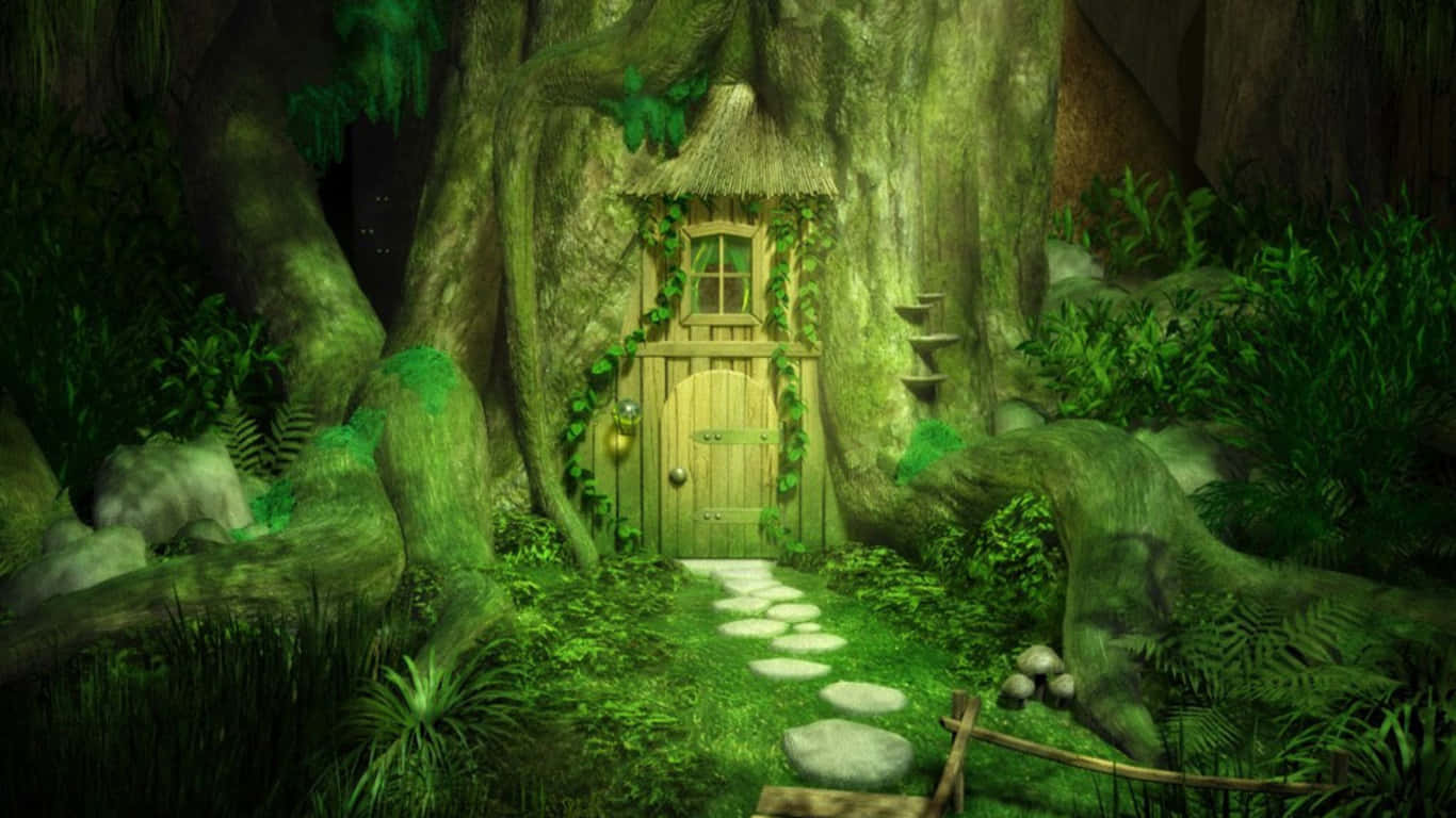 Mystical 桌布 壁紙 — 一扇夢幻的木門嵌在巨大的苔蘚樹幹中，經由一條石徑穿過茂密的綠色森林，在柔和環境光下可到達。