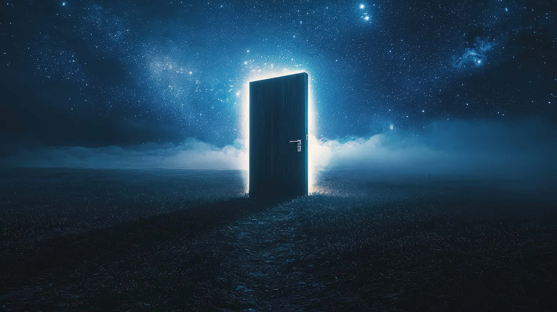 A glowing door stands alone in a dark landscape, illuminated against a starry sky 壁紙 — 一扇孤獨的木門在星光田野中敞開，發出明亮的藍光，映襯著黑暗的宇宙天空。