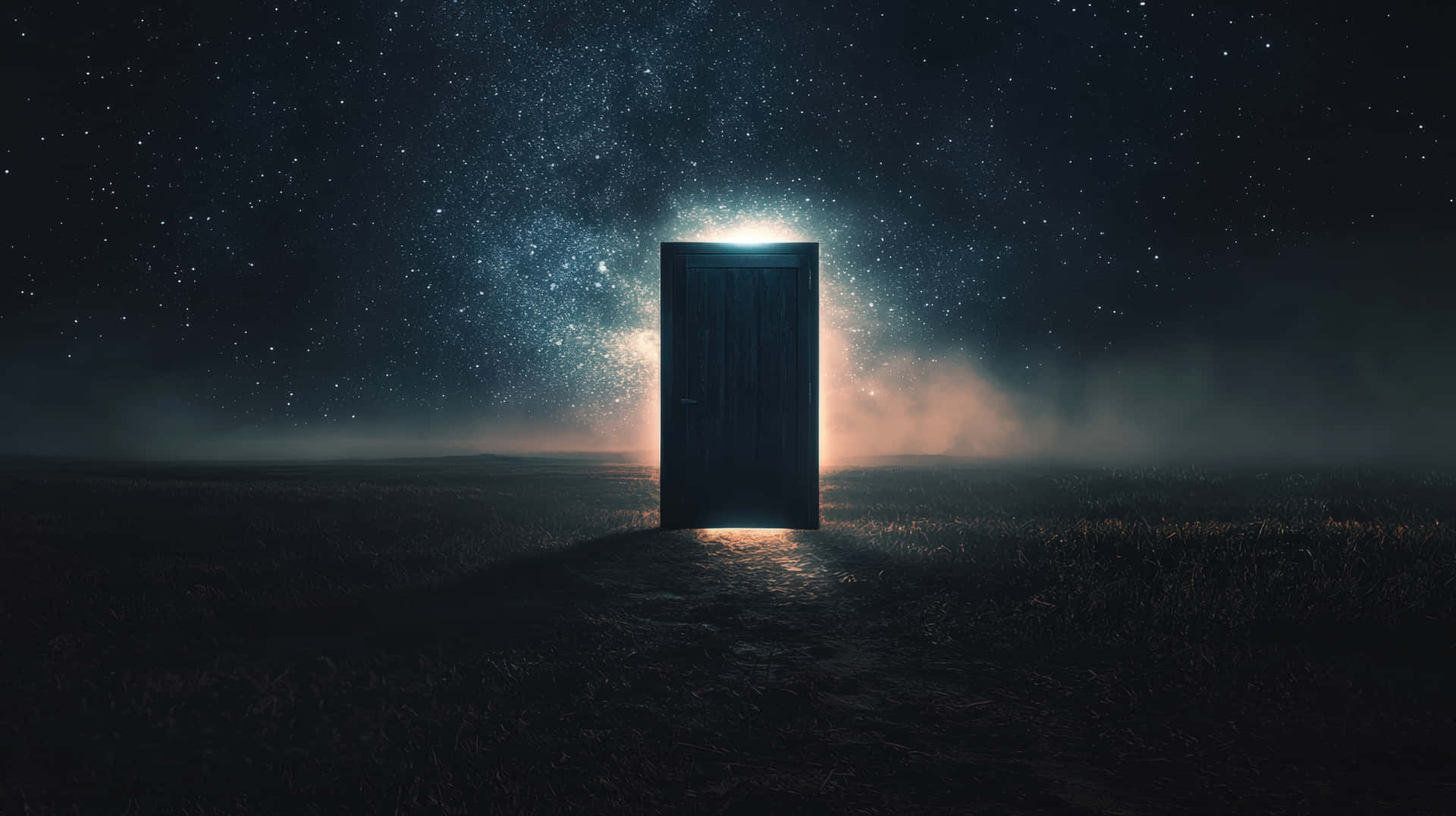 A mysterious glowing door stands alone in a dark open field under a starry sky, symbolizing mystery 壁紙 — 一扇孤獨的木門在星空田野中敞開，露出背後發光的宇宙天空。