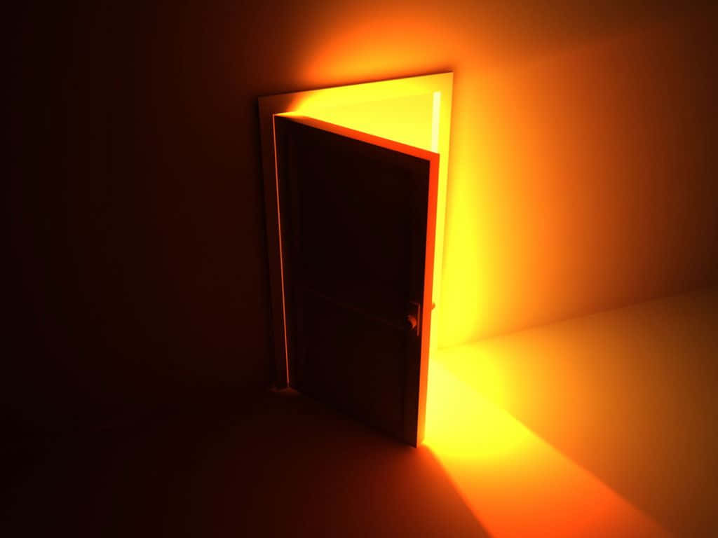 Door 桌布 壁紙 — 一扇微微打開的門在黑暗的房間中散發出溫暖的金色光芒，柔和地照亮牆壁和地板。