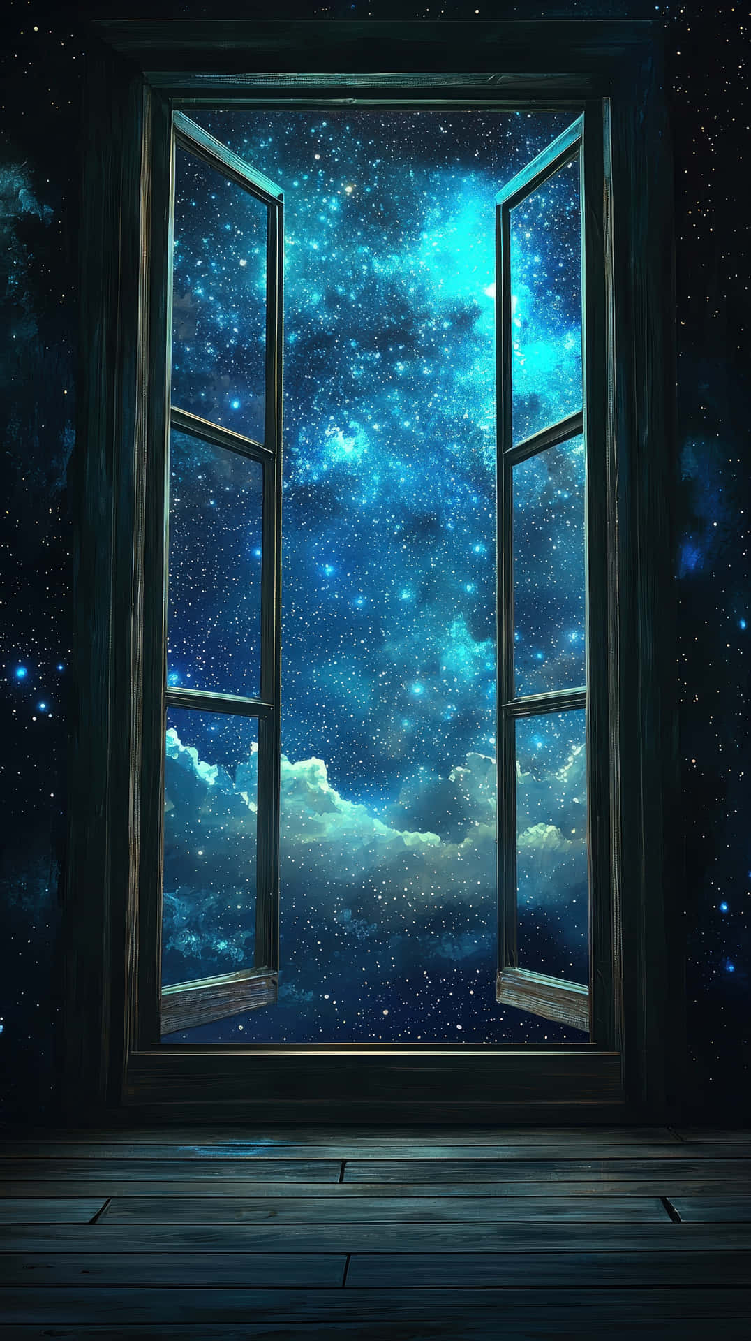 Open window revealing a breathtaking cosmic night sky full of stars 壁紙 — 一扇打開的木窗框著一個令人嘆為觀止的星空青綠色星系景觀，帶有發光的星雲和柔軟的雲層。
