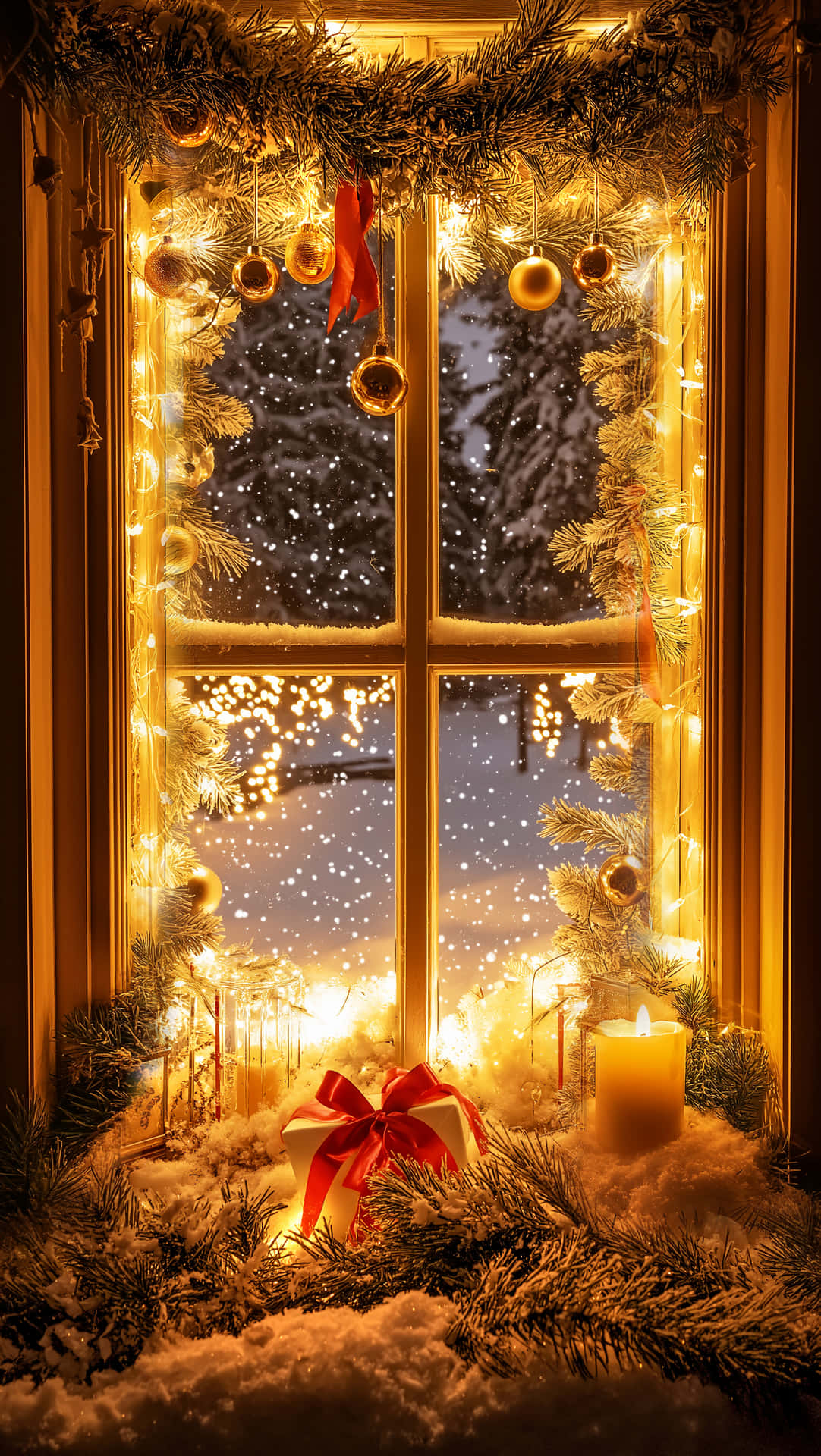 Christmas Wallpapers 壁紙 — 一扇溫暖照亮的窗戶，裝飾著金色飾品和松樹花環，框住了一個雪夜，雪花飄落，禮物盒旁有一根點燃的蠟燭。
