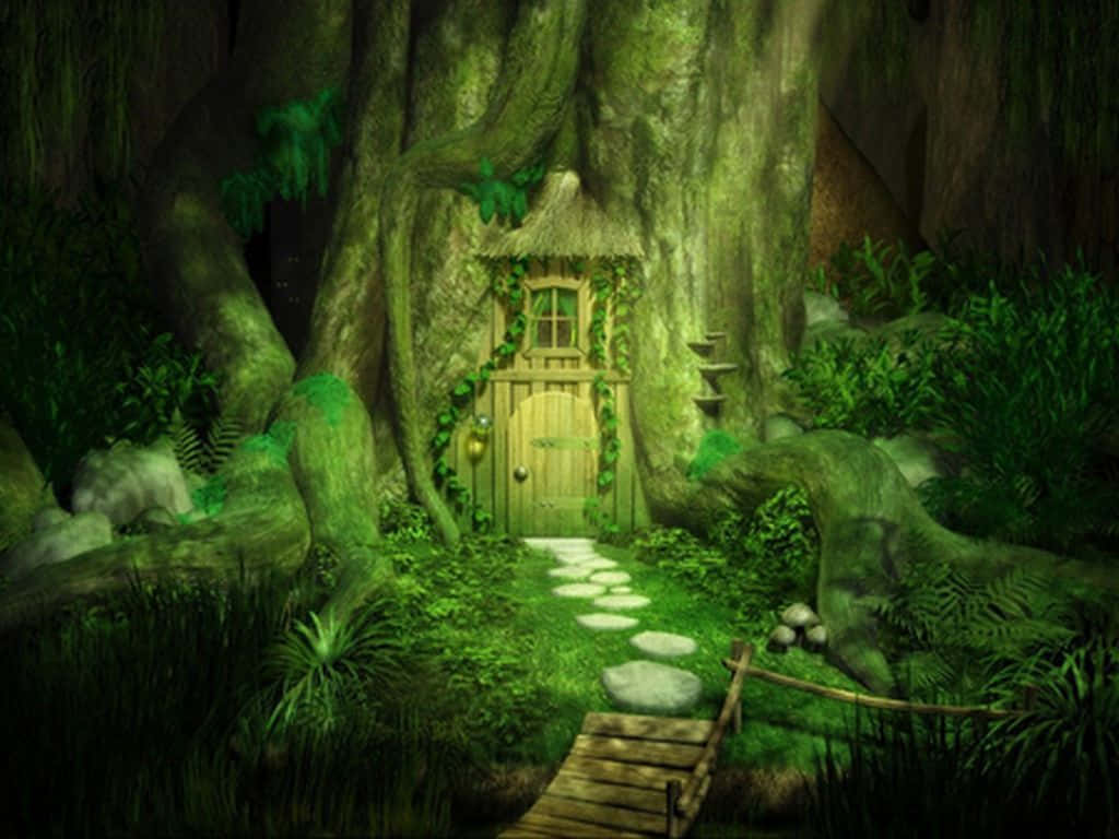 森林 桌布 壁紙 — 一扇發光的木門嵌在巨大的長滿苔蘚的樹幹中，一條石徑通向它，周圍是茂密的魔法森林。