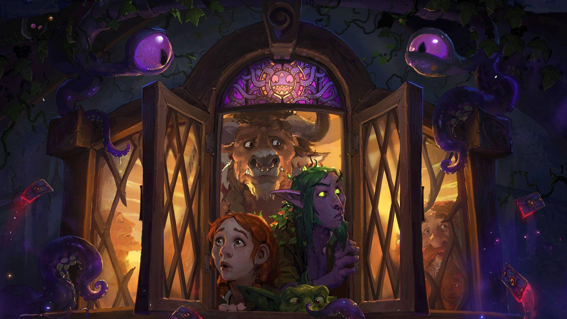 Hearthstone 桌布 壁紙 — 一扇發光的窗戶顯露出一個受驚的人類女孩和一個綠色皮膚的精靈向外凝視，同時一隻巨大的野獸從溫暖的室內向內窺視。