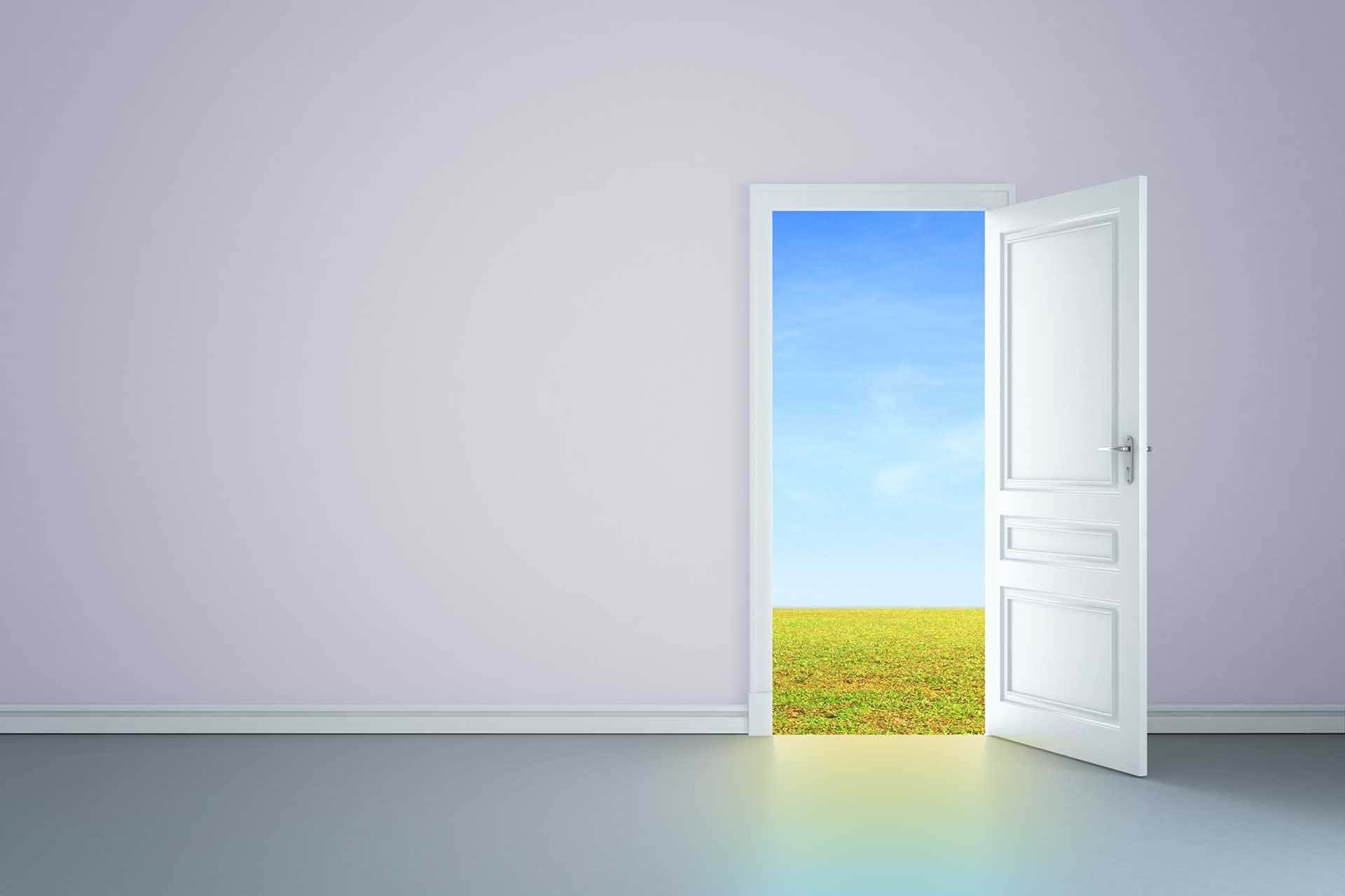 Door 桌布 壁紙 — 一扇白色門在簡約風格的房間內半開著，露出晴朗藍天下的一片翠綠田野。