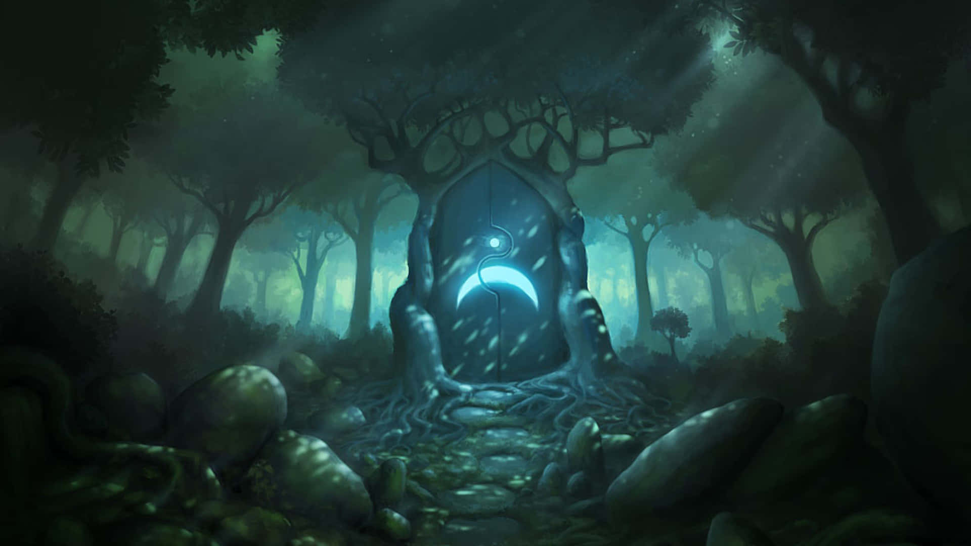 背景 桌布 壁紙 — 一扇神秘發光的彎月門，嵌在迷霧魔法森林的古樹根中。