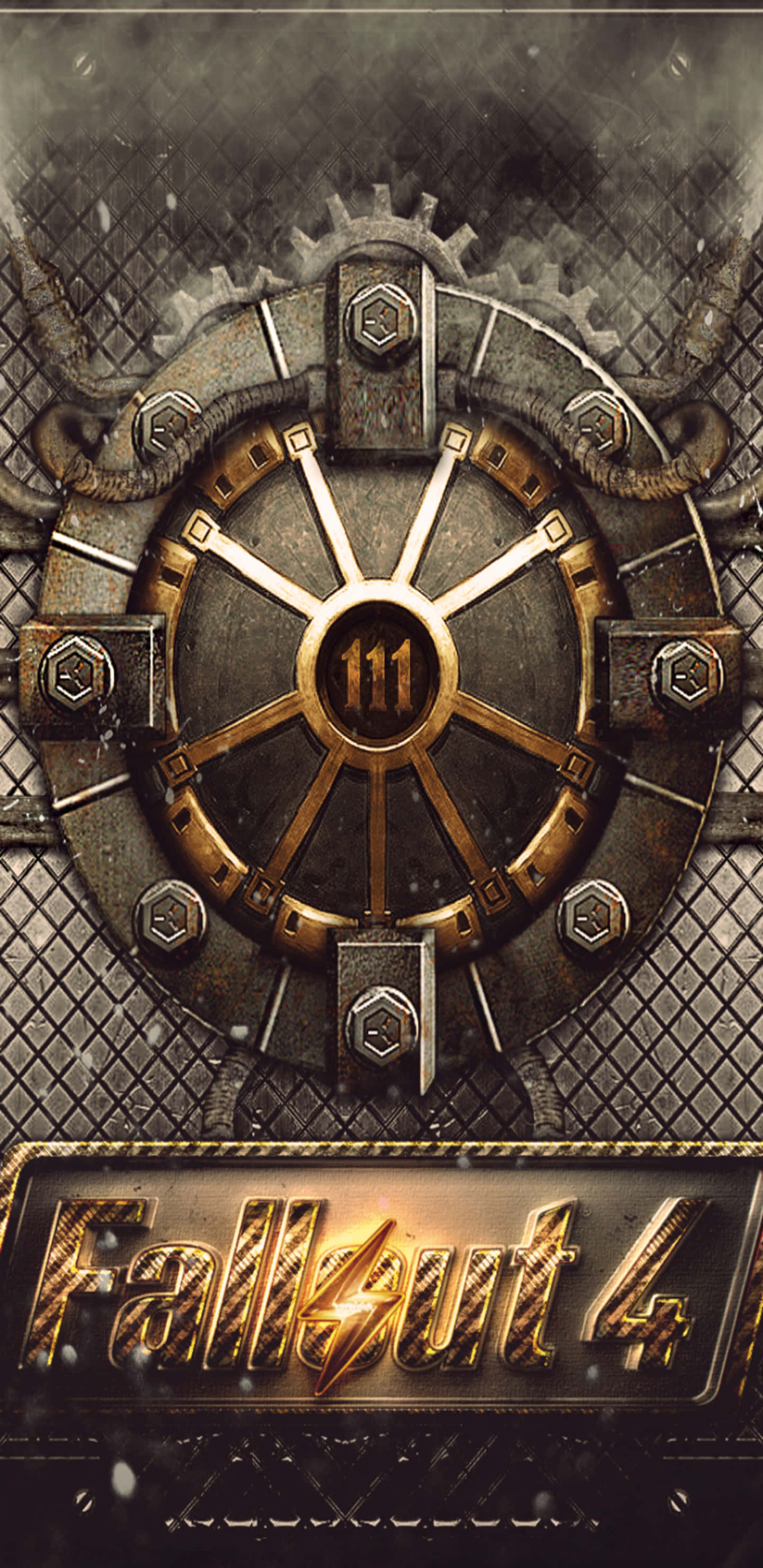 Pixel 3xl Fallout 76 桌布 壁紙 — 一扇粗糙的Fallout 4金庫門，帶有生鏽的金屬齒輪和發光的金色「111」標誌，背景是煙霧瀰漫的工業環境。