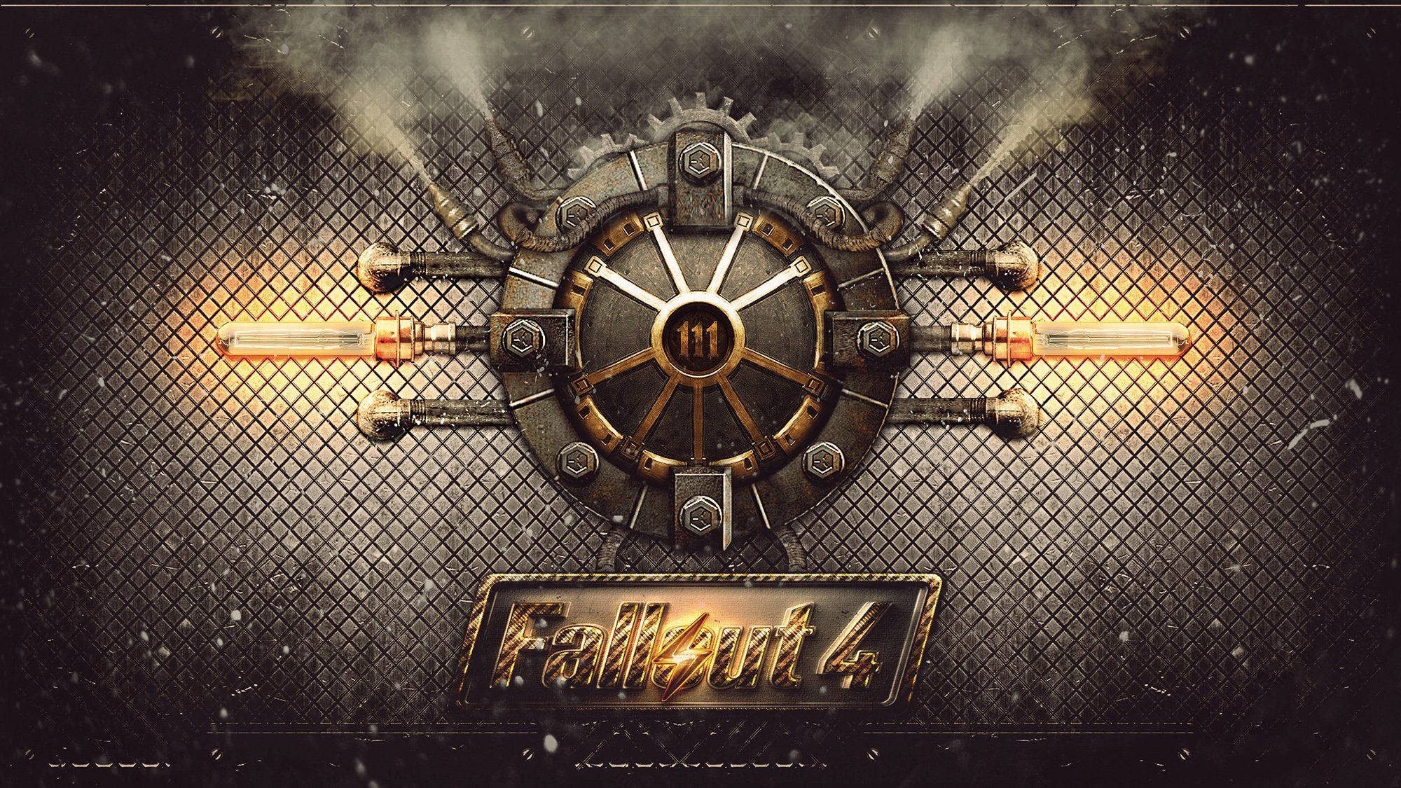 Fallout 4 桌布 壁紙 — 一扇蒸氣龐克風格的保險庫門，帶有發光的管道和煙霧，背景是深色金屬網格。