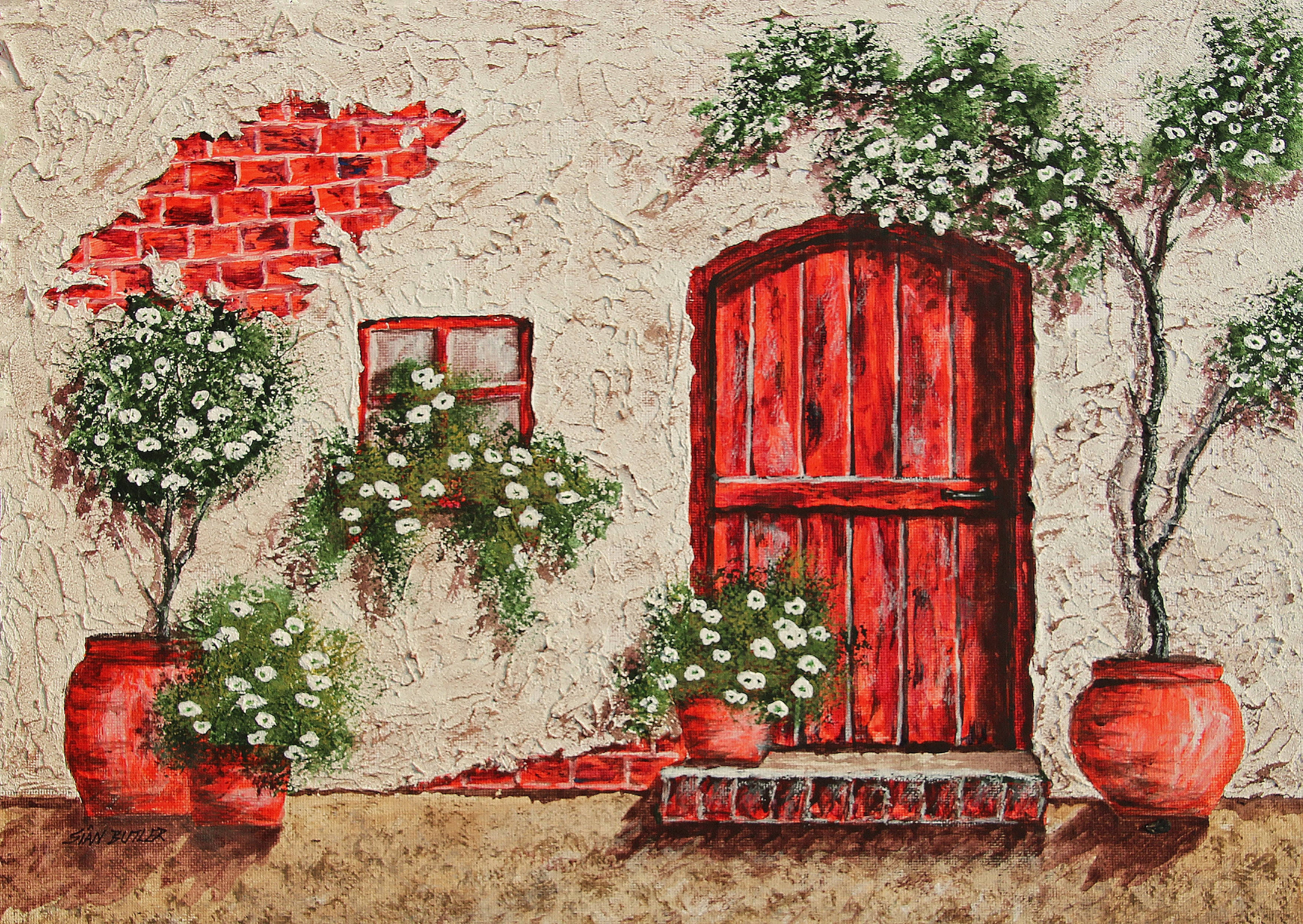 Painting 桌布 壁紙 — 一扇質樸的紅色門窗，由白色花朵在赤陶花盆中襯托，背景是帶有紋理的灰泥牆，露出磚塊。