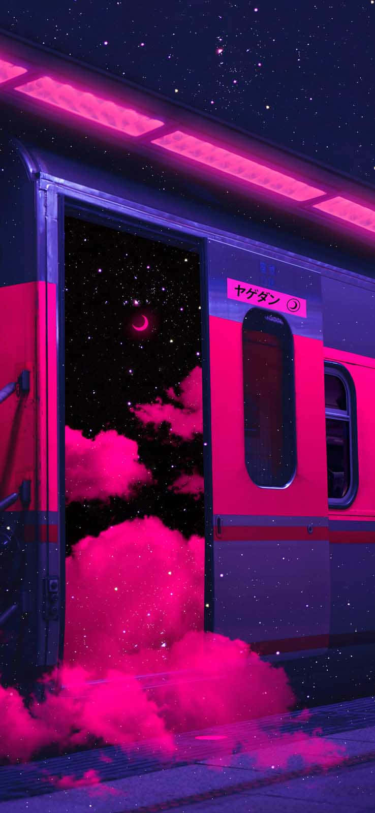 火車 桌布 壁紙 — 一扇霓虹粉紅色的火車門打開，通往一個帶有新月和發光雲彩的宇宙夜空。