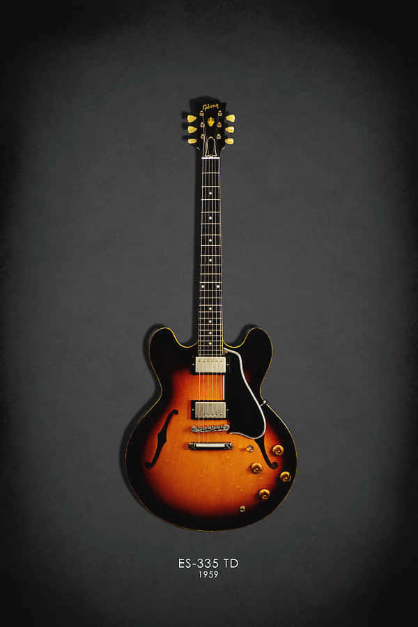 Guitar Aesthetic 桌布 壁紙 — 一把1959年Gibson ES-335 TD電吉他，帶有旭日紋飾面，置於深灰色背景中央。
