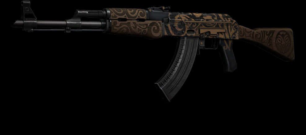 Rifle 桌布 壁紙 — 一把AK-47步槍，黑色背景上帶有複雜的棕色部落圖案。