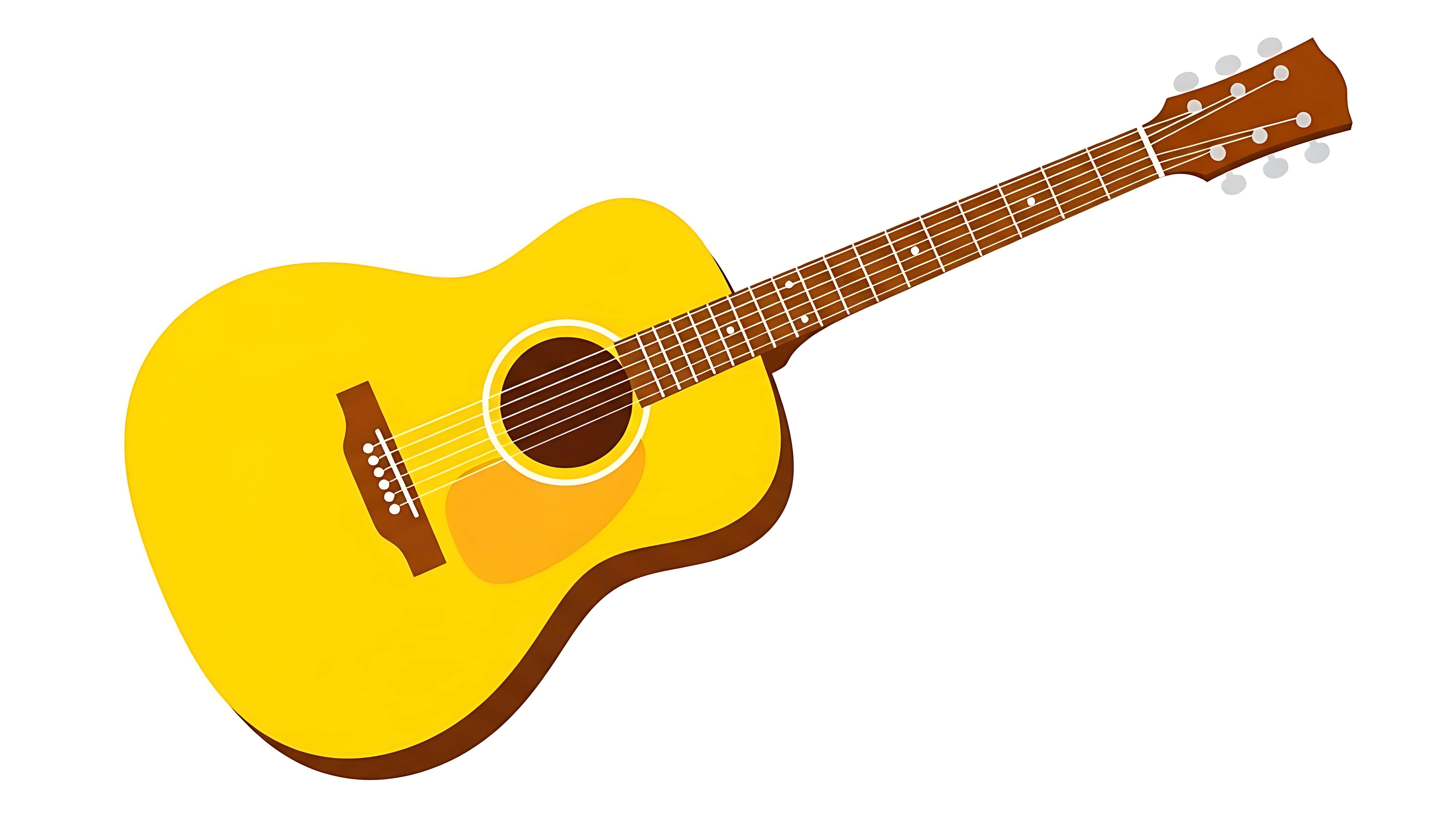 Acoustic Guitar 桌布 壁紙 — 一把亮黃色的原聲吉他，帶有棕色飾邊和琴弦，斜靠在乾淨的白色背景上。