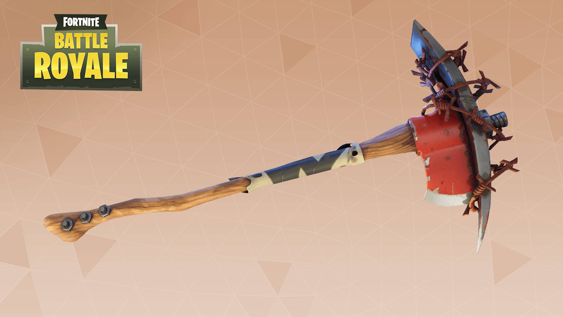 Renegade 桌布 壁紙 — 一把來自《Fortnite Battle Royale》的戰斧，木製手柄，紅色刀刃纏繞著鐵絲網，背景為幾何圖案。