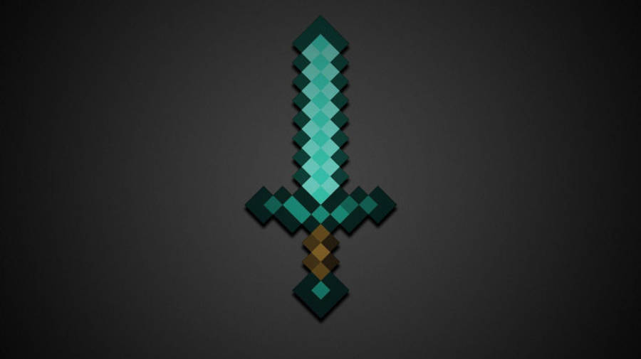 遊戲 桌布 壁紙 — 一把來自Minecraft的像素化鑽石劍，在深灰色背景上發出青綠色的光芒。