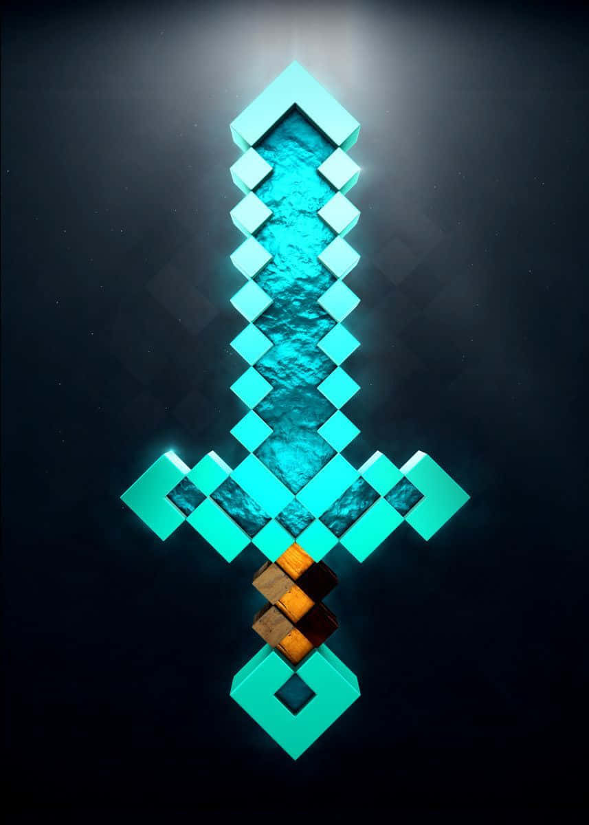 Minecraft Armor 桌布 壁紙 — 一把來自Minecraft的發光青色鑽石劍垂直立於帶有聚光燈效果的深色紋理背景上。