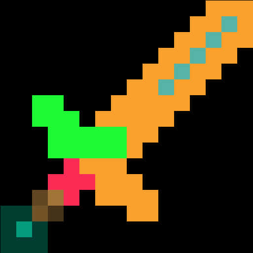 Minecraft Sword 桌布 壁紙 — 一把像素化劍，橙色劍刃和綠色劍柄，在黑色背景上發光。