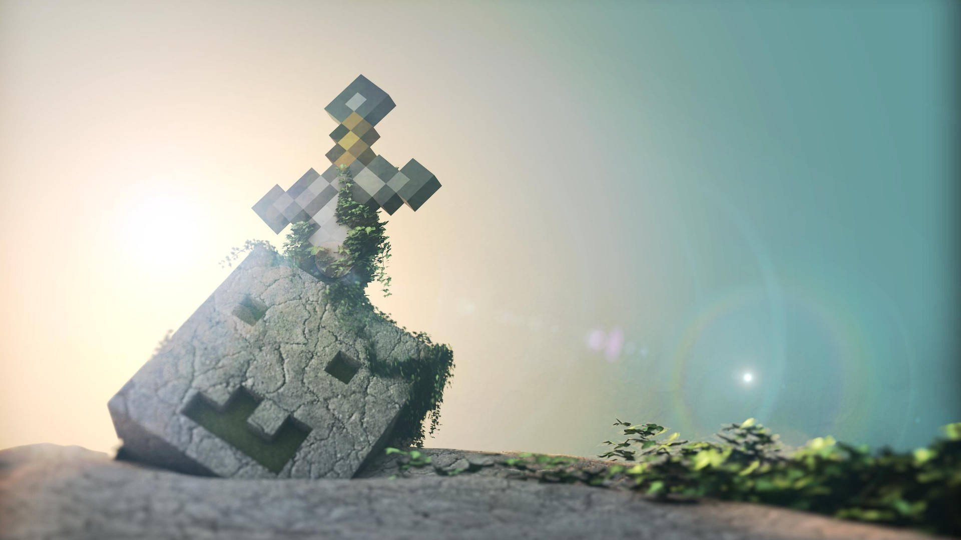最佳我的世界 桌布 壁紙 — 一把像素化的Minecraft劍從長滿青苔的石塊中冒出，在柔和的日出光線和鏡頭光暈下。