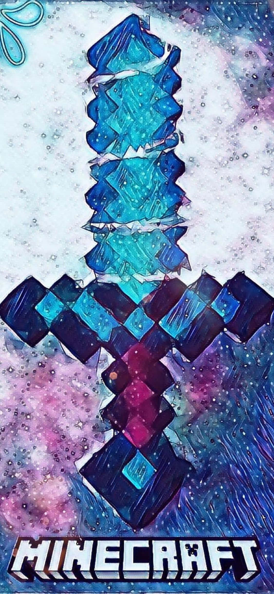 iPhone Xs Minecraft 桌布 壁紙 — 一把像素化的鑽石劍在宇宙星空背景下發出藍色和紫色的光芒。