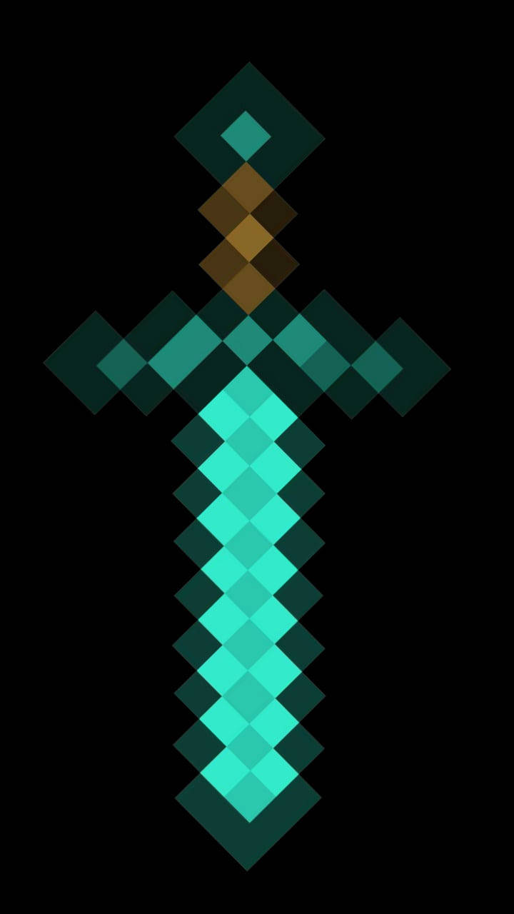 Minecraft iPhone 桌布 壁紙 — 一把像素化的鑽石劍在純黑色背景上發出青色光芒。