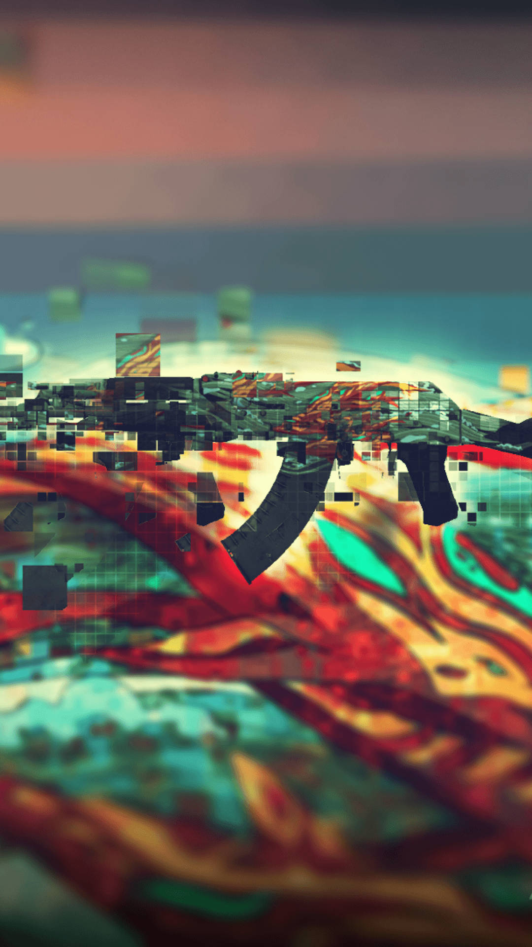 cs go iPhone 桌布 壁紙 — 一把像素化突擊步槍在漸變天空背景下漂浮於旋轉的抽象數位火焰之中。