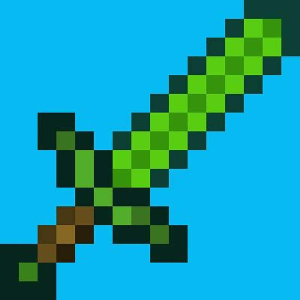 Minecraft Emeralds 桌布 壁紙 — 一把像素化鑽石劍在經典Minecraft風格的純青色背景上發光。