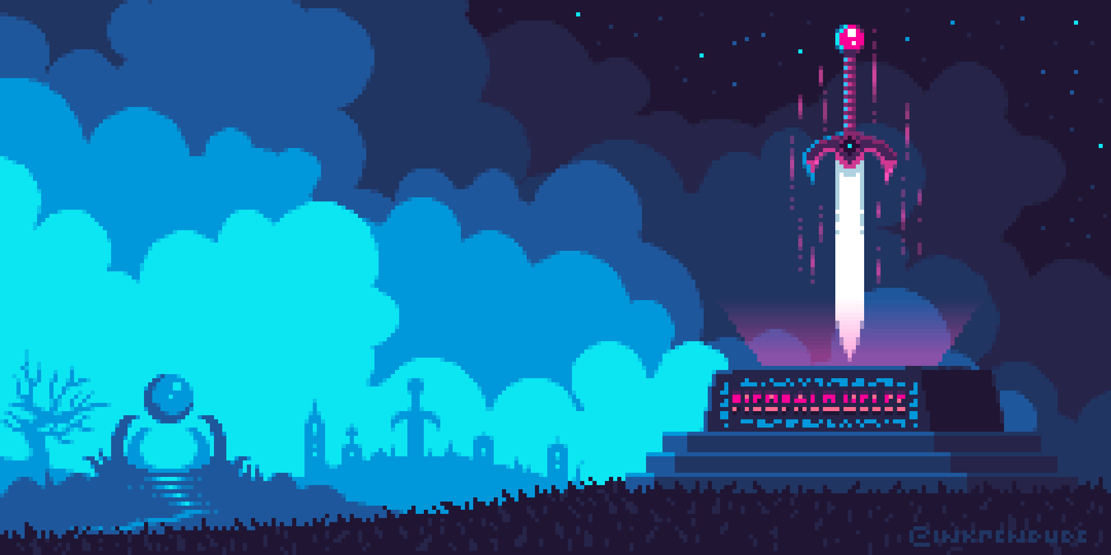像素藝術 桌布 壁紙 — 一把像素藝術劍在基座上發光，神秘夜景中有發光的雲朵和剪影廢墟。