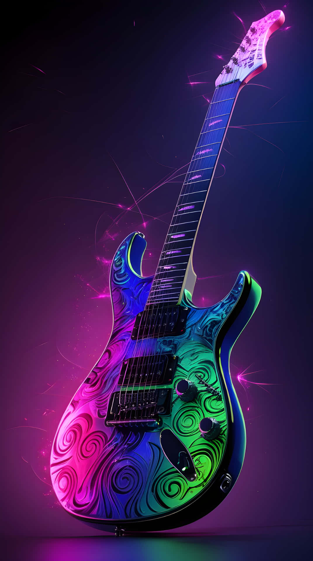 The beautiful new design guitar 壁紙 — 一把充滿活力的電吉他，帶有旋轉的霓虹圖案，在帶有電火花的深紫色背景上發光。