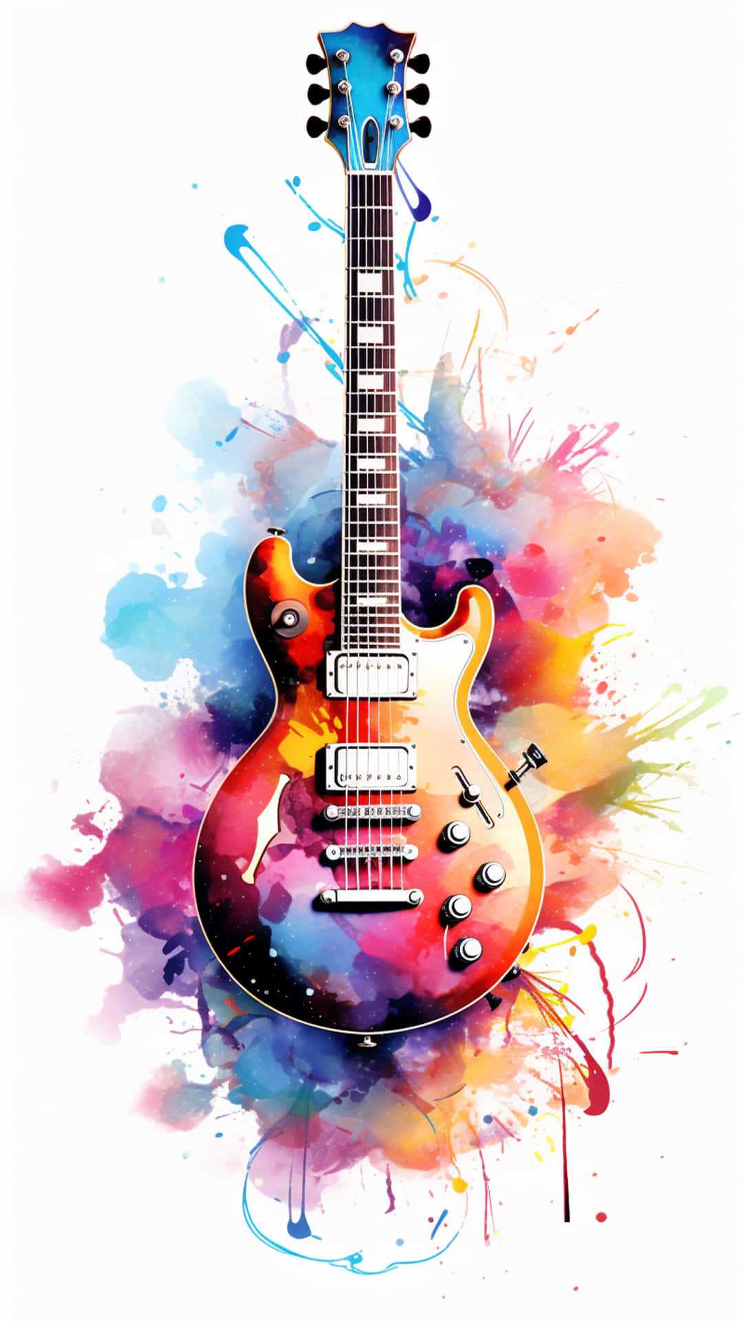 electric guitar body close-up view is on the black background 壁紙 — 一把充滿活力的電吉他，帶有旭日紋飾面，襯托著藍色、粉紅色、橙色和黃色的動態水彩潑濺。