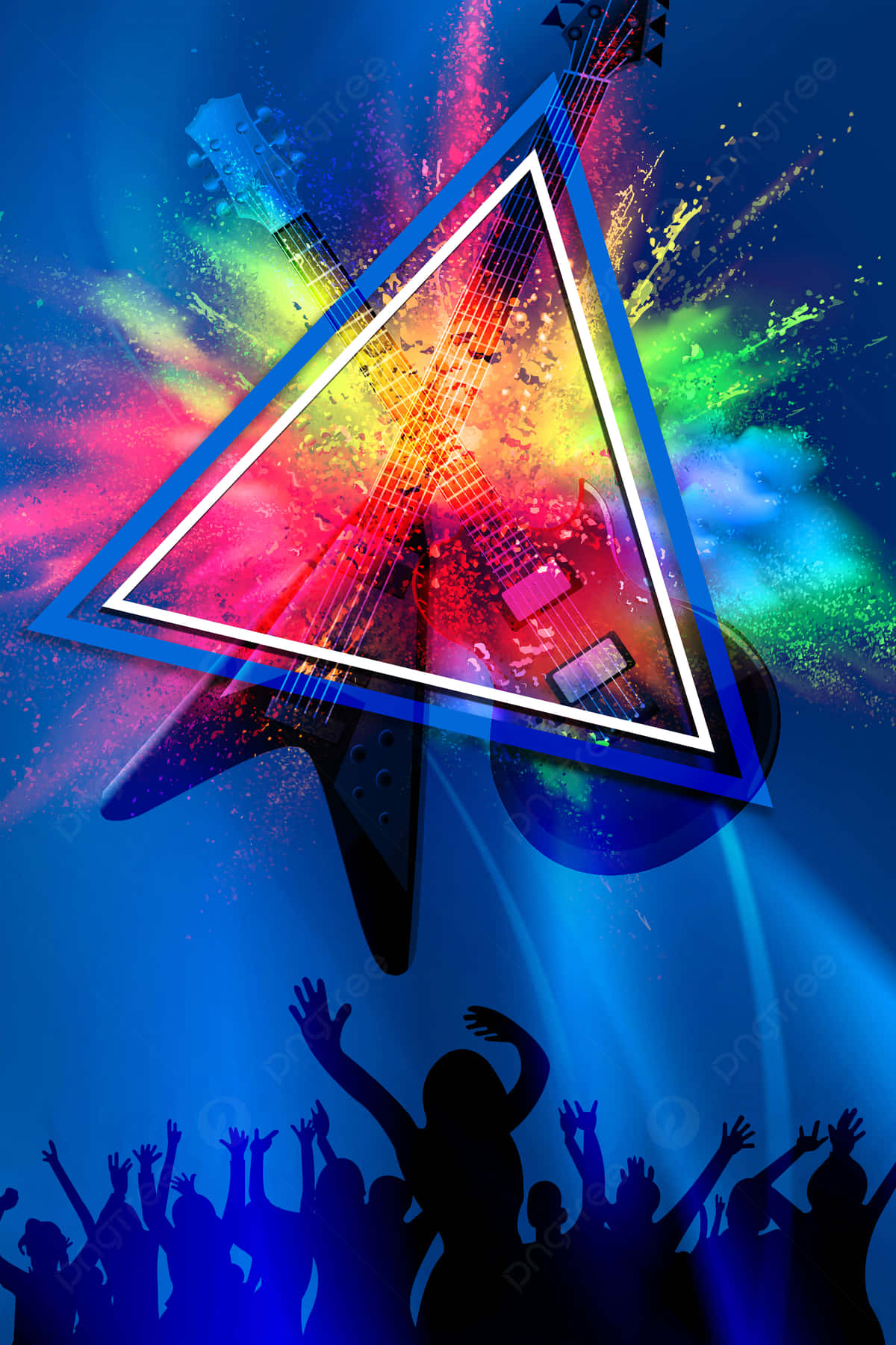 club 桌布 壁紙 — 一把充滿活力的電吉他在彩虹色中爆炸，出現在歡呼的音樂會剪影上方一個發光的三角形內。