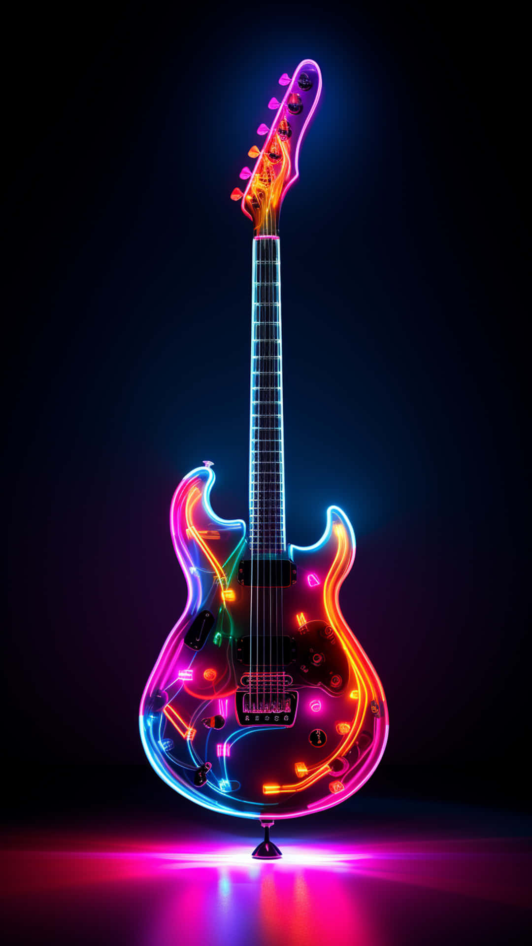 poster neon guitar on a dark background 壁紙 — 一把充滿活力的霓虹電吉他在黑暗背景下散發出彩虹色調，並在地板上投射出色彩繽紛的倒影。