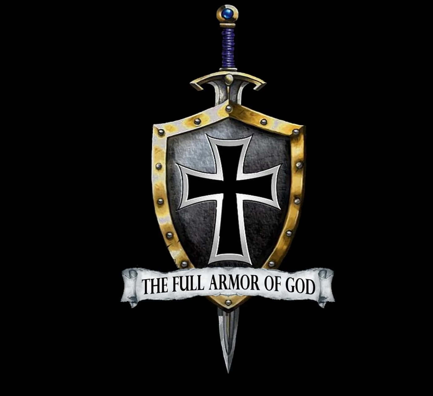 Armor Of God 桌布 壁紙 — 一把劍刺穿一個帶有銀色十字架和寫著「THE FULL ARMOR OF GOD」橫幅的盾牌，背景為黑色。