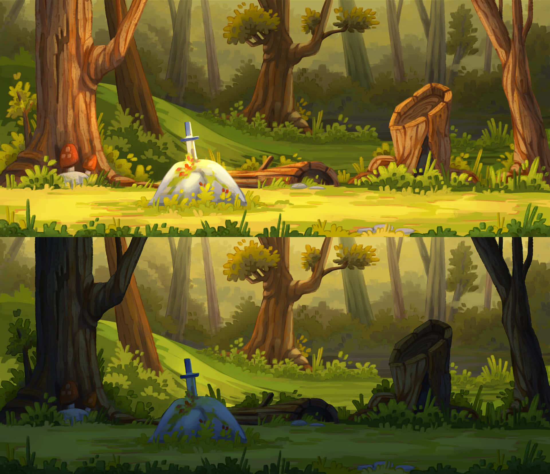 Animated Forest 桌布 壁紙 — 一把劍嵌在長滿苔蘚的石頭中，位於陽光明媚的森林裡，有高大的樹木和充滿活力的綠色灌木叢。