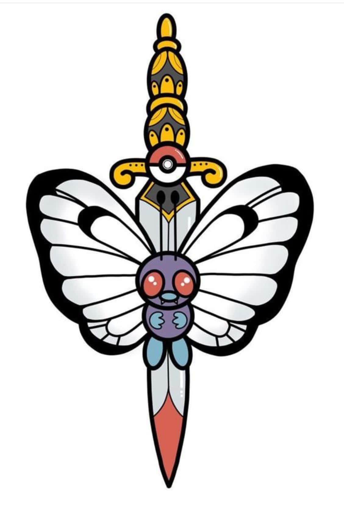 Pokemon Aesthetic 桌布 壁紙 — 一把卡通劍，帶有蝴蝶翅膀和手柄上像寶可夢的臉。