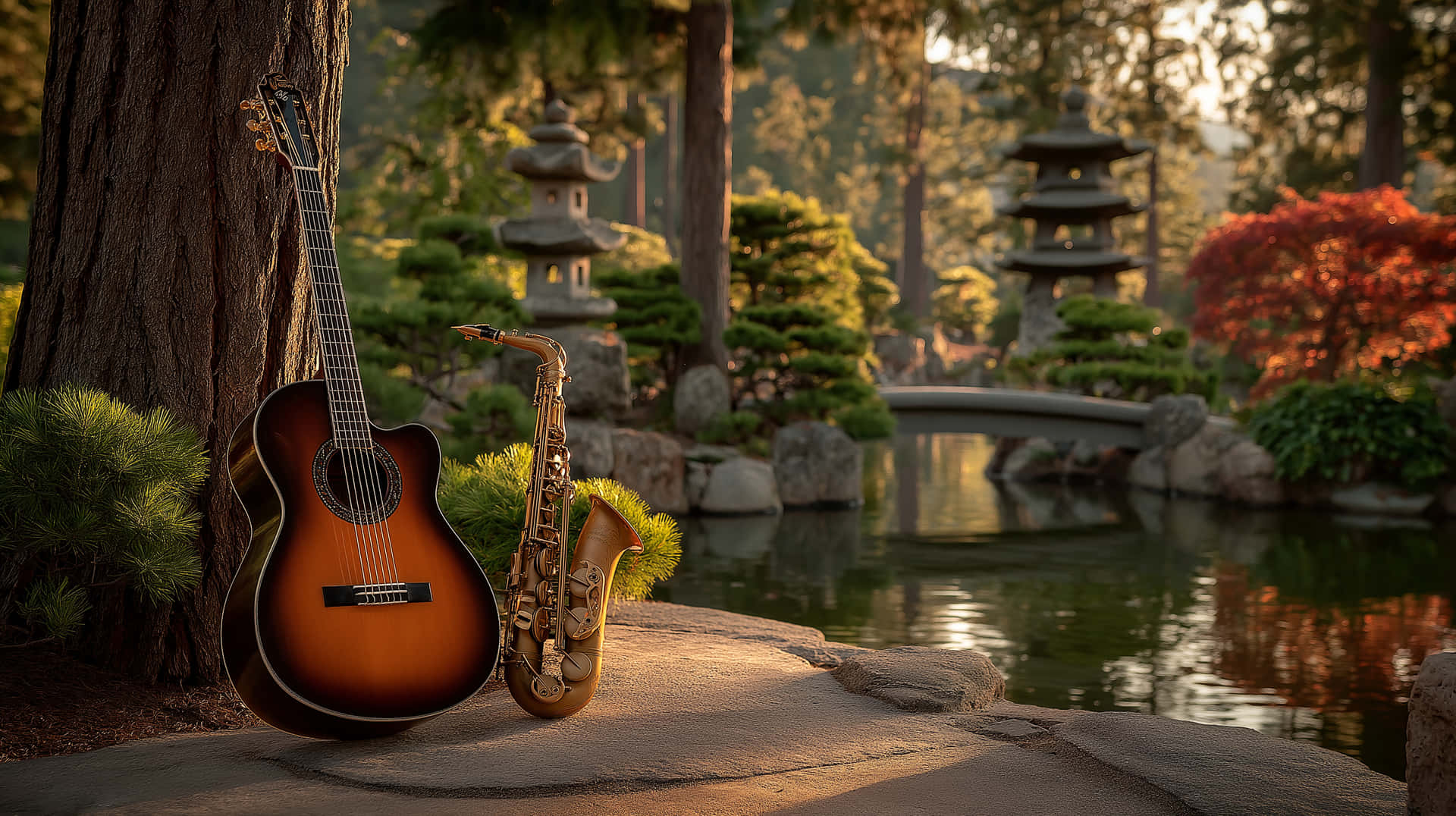 Acoustic Guitar and Saxophone by Pond in Japanese Garden 壁紙 — 一把原聲吉他和薩克斯風靠在樹旁，旁邊是日本花園中寧靜的池塘，正值黃金時刻。