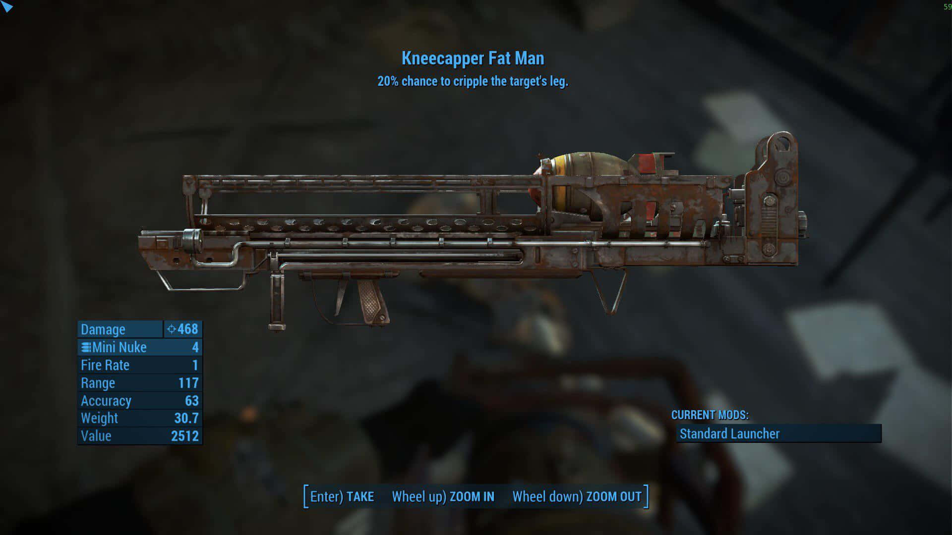 Fallout 4 Fat Man 桌布 壁紙 — 一把名為 Kneecapper Fat Man 的生鏽重型武器，在遊戲庫存中顯示，附有統計數據和模組選項。